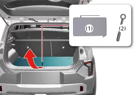 Location of the removable towing hook and tool case inside the trunk of a Kia EV2
