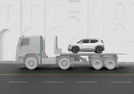Preparation for professional towing service using wheel dollies on a Kia EV2
