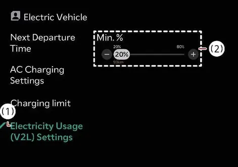 V2L electricity use settings and discharge limit configuration on the Kia EV2