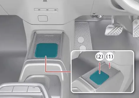 Wireless smartphone charging pad layout and LED status indicator located on the center console of the Kia EV2